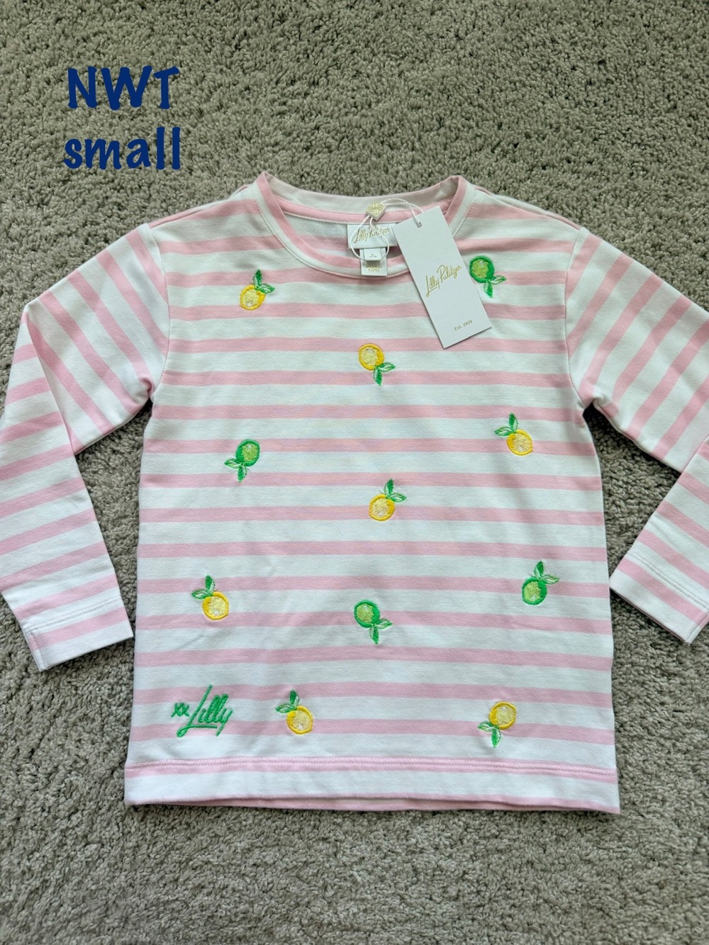 Lilly Pulitzer Pink & White Striped Kids sweatshirt with Lemon Embroidery